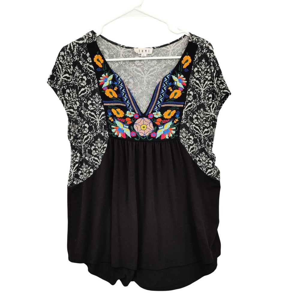 THML Womens Boho Folk Cottage Embroidered V-Neck Top L Black Damask Floral